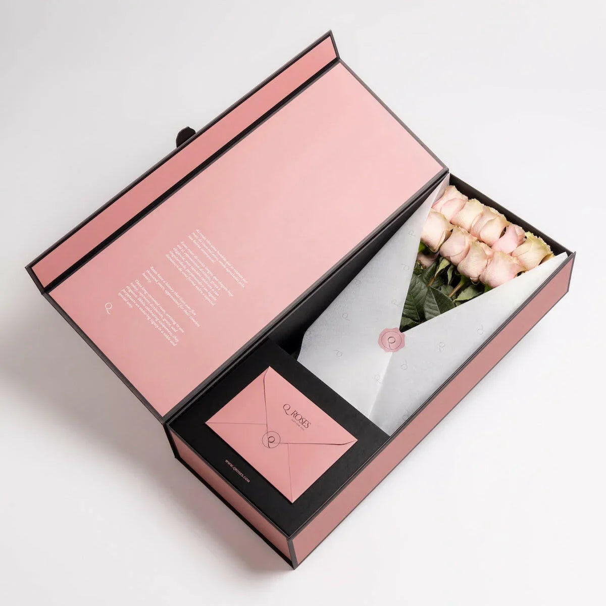 Buquê de rosas cor-de-rosa premium em caixa de luxo - QRoses